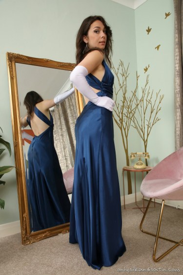 Gia In Blue Dress With Stockings And Gloves 2