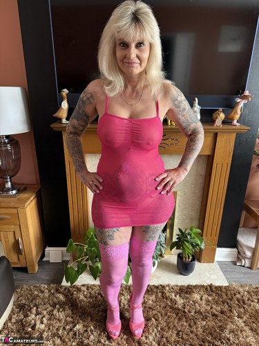 Inked Milf In Pink See Through Dress 1